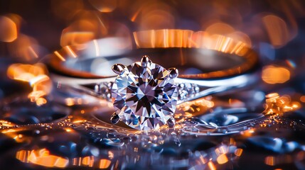 Close-up of a beautiful diamond ring with water droplets on a reflective surface, with a blurry background of orange and yellow lights.