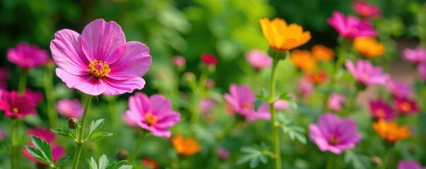 Garden with Malva moschata blooming amidst other flowers, botanical, summer blooms
