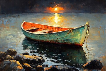 Peaceful Sunset Over Water with a Fishing Boat