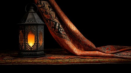 Illuminated lantern beside patterned textile on dark background.