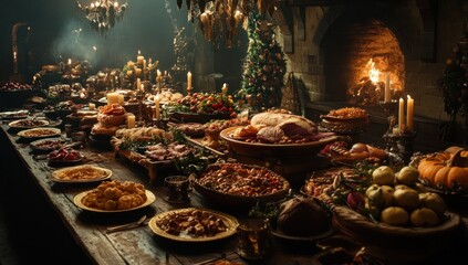 Fototapeta premium A Medieval Christmas Feast: A Lavish Table Spread with Roasted Meats, Seasonal Fruits, and Warm Lighting