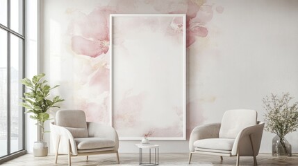 Elegant living room with floral wallpaper, mockup frame, chairs