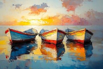 Colorful Sunset Over Water with Fishing Boats