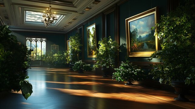 an elegant, sunlit hall with framed paintings and abundant greenery, creating a serene and artful indoor space.