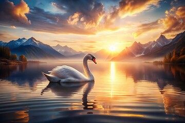 Fototapeta premium Majestic Swan on Serene Lake, Mountain Sunset
