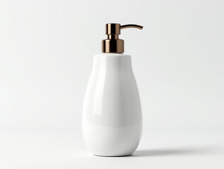 Fototapeta premium A sleek white ceramic bottle with a bronze pump is prominently displayed against a minimalistic background. Ideal for enhancing bathroom or kitchen decor.