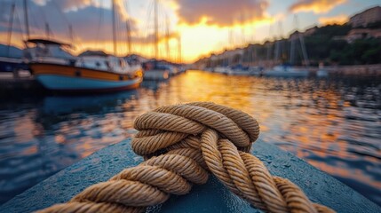 Fototapeta premium Nautical Sunset over Marina with Twisted Rope in Foreground