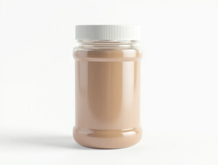A clear jar containing creamy nut butter showcases its smooth texture against a plain backdrop. The jar is made of transparent material with a white lid, highlighting its contents.
