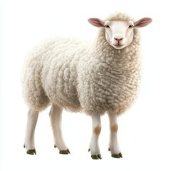 Fototapeta premium Sheep with fluffy white wool standing happily isolated on white
