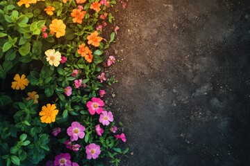 Colorful flowers bloom alongside dark soil in a tranquil garden setting during the afternoon. Generative AI