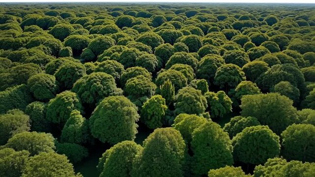 Overhead aerial shot of a thick forest with beautiful trees and greenery
