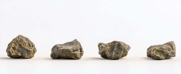 Four irregularly shaped, grey green stones arranged in a row on a white background. Small particles are visible around the stones