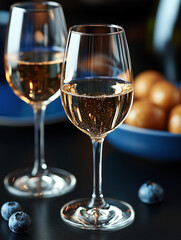 Two glasses of sparkling wine with a bowl of snacks and blueberries on a table.