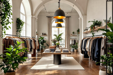 Contemporary clothing store interior with natural lighting and curated apparel display, featuring earthy tones and lush greenery