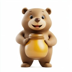 Fototapeta premium Tiny brown bear with a honey jar, isolated on white