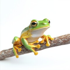 Fototapeta premium Tiny green and yellow tree frog perched on an invisible branch, isolated on white