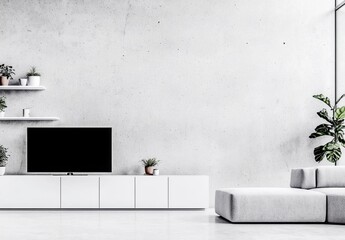 Bright interior featuring a gray sofa, a modern white TV stand, and a black screen TV set against a textured white wall. Shelves with green plants