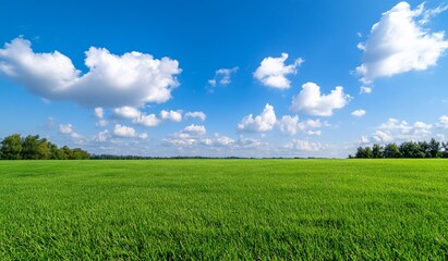 Expansive green field under a bright blue sky with fluffy clouds