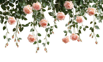 Delicate pink climbing roses cascading from green foliage . isolated on white background and transparent background