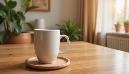 Cozy ceramic mug with coaster on wooden table, warm morning ambiance