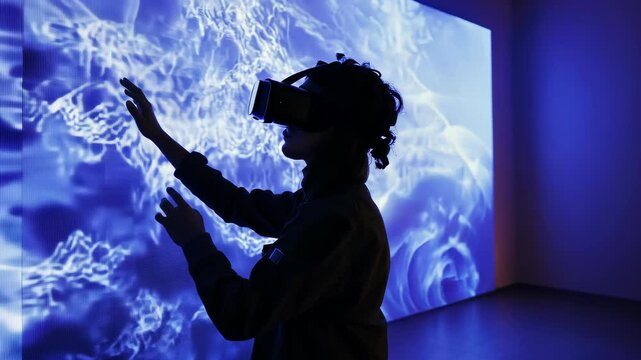 Woman exploring interactive digital art with VR headset in gallery