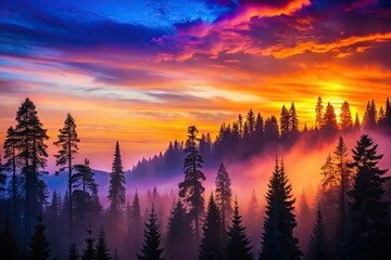 Artistic nature photography captures a dusk forest silhouette bathed in vibrant light, showcasing a colorful gradient.