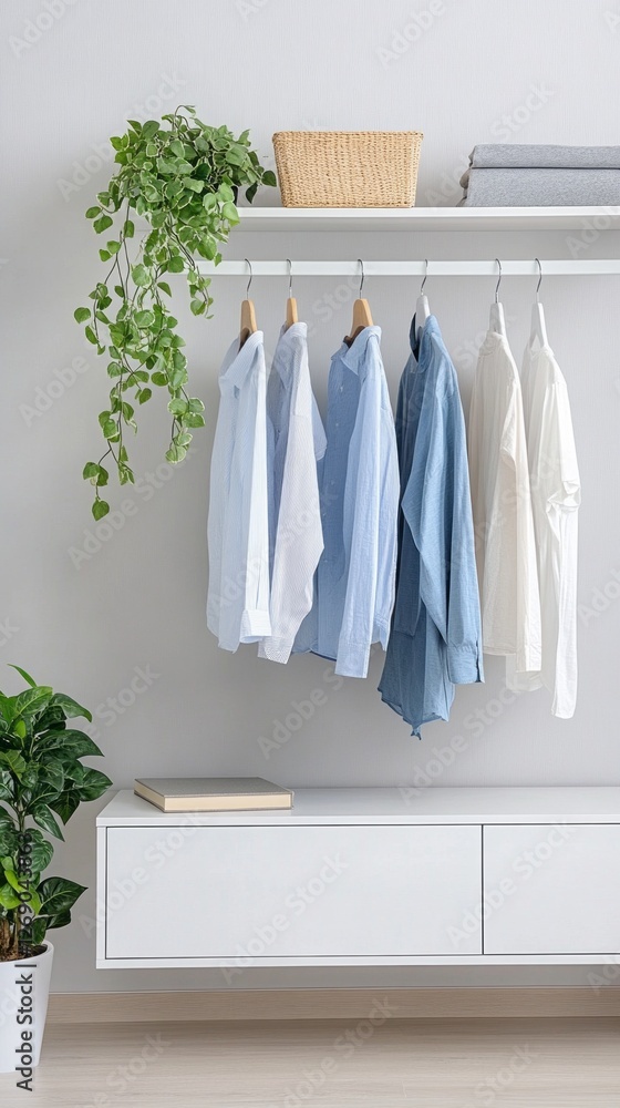 Poster a serene minimalist closet showcases hanging garments in gentle colors, complemented by lush greener