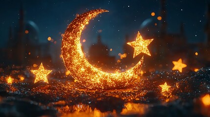 Fiery crescent moon, star, night, mosque, celebration, greeting card