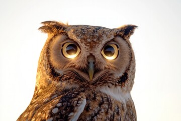 Obraz premium A large owl with its head tilted slightly, eyes glowing bright against a white background