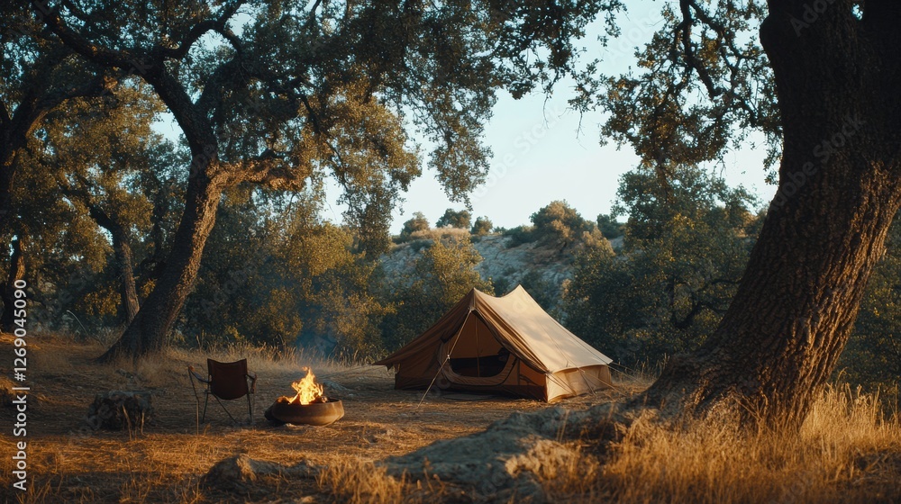 Poster cozy campsite in a serene forest during golden hour with campfire and tent set up for a relaxing eve