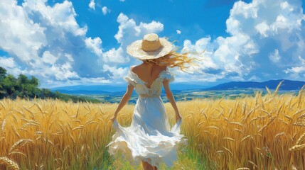 Wheat field, blue sky and girl in white sundress and straw hat. The summer freedom