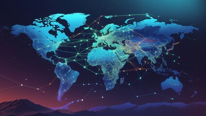 Naklejka premium Neon-Infused Global Connectivity Map with Dynamic Supply Chain Routes