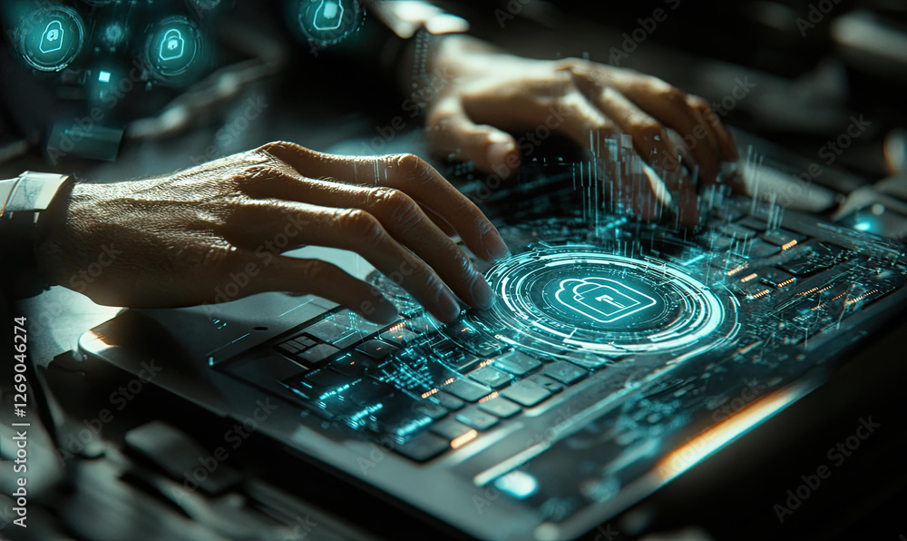 Poster cybersecurity expert working on a laptop with digital security lock interface