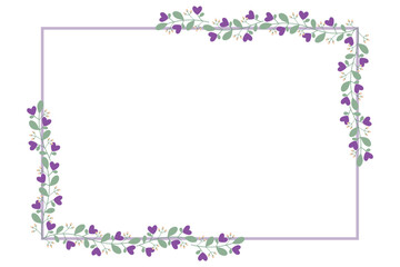 Rectangular Borders Frame Or Wreath With Love Purple Flowers And Green Leaves