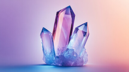 A studio photograph of a sculptural crystal form with complex angular cuts, shimmering with pale blue and violet reflections, centered on a smooth