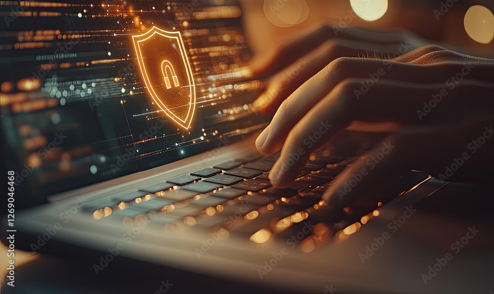 Poster cybersecurity professional working on a laptop with a glowing shield and lock icon displayed on the 