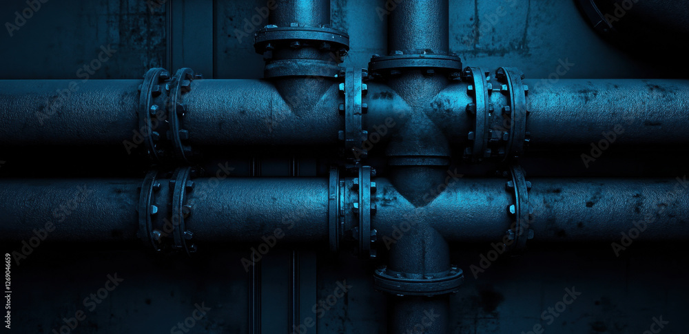 Poster close-up view highlights the intricate design of dark blue pipes connected at various angles, showca