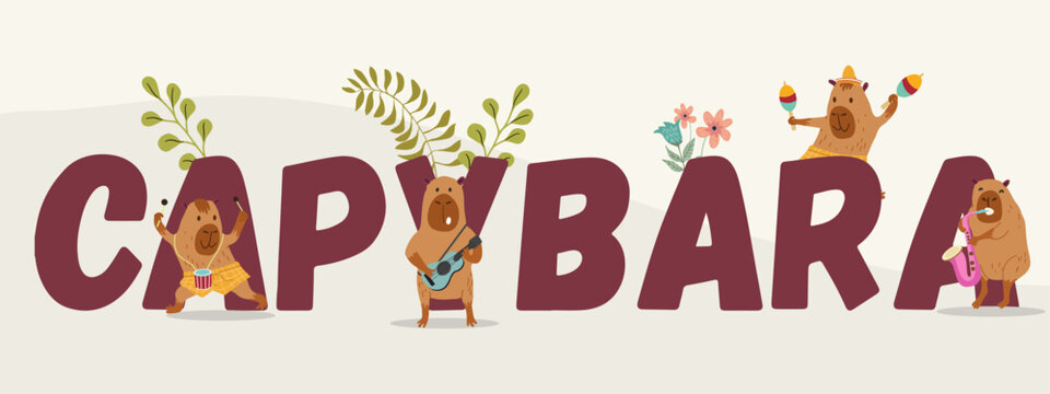 Capybara, capibara, capy text, cute funny adorable pet, animal. Flyer, invitation, sticker, banner. Vector illustration.