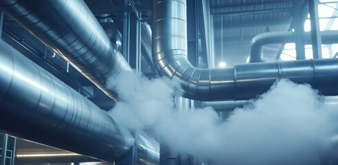 Large steel pipes are shown releasing steam in a bright industrial facility, highlighting the machinery in operation