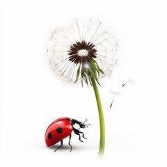 Ladybug crawling on a freshly bloomed dandelion, symbolizing natures rebirth, isolated on white