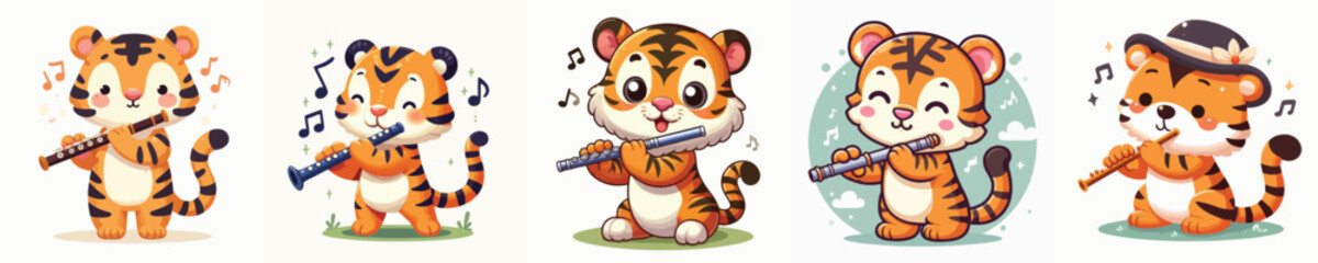 vector cute tiger playing the flute