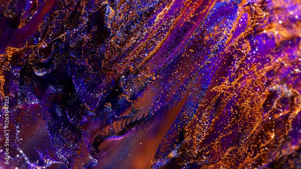Poster golden and purple particles are gracefully swirling and flowing, creating an abstract and mesmerizin