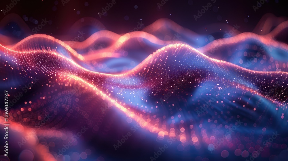 Poster this image features a glowing blue object floating in the air, surrounded by stylized waves and vibr