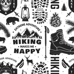 Hiking outdoor adventure seamless pattern with emblems, logos. Background, wallpaper, seamless pattern with human skull skeleton in hat, hiking boot, pine cone, hiker bear with backpack, mountains.
