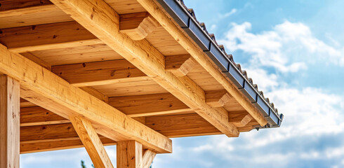 Intricately designed wooden roof beams catch sunlight, showcasing craftsmanship and natural materials against a blue sky with clouds