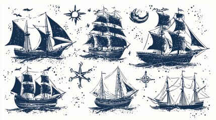 Hand-Drawn Illustrations of Various Traditional Ships in Navy Blue Tones