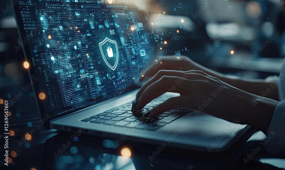 Poster cybersecurity expert working on laptop with digital shield protection and data encryption