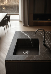 A black marble kitchen counter with an integrated sink and faucet.