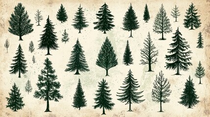 Fototapeta premium Hand-Drawn Trees Illustration in Dark Green Shades on Vintage Background