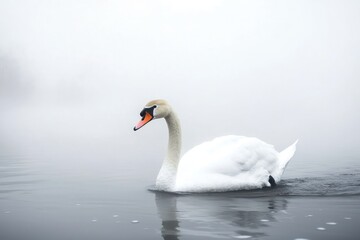 Naklejka premium A lone swan gliding across a misty river, its white feathers contrasting against the fog